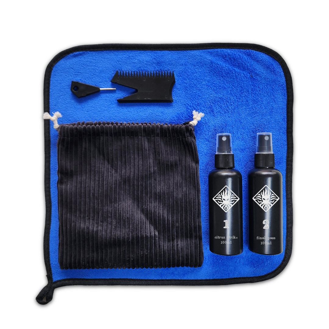 Krak Surf board prep kit. surfboard cleaning kit, wax comb citrus isopropyl. front