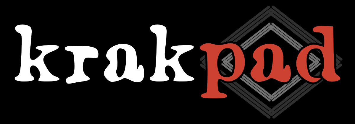Logo of Krakpad with 'krak' in white and 'pad' in red on a black background